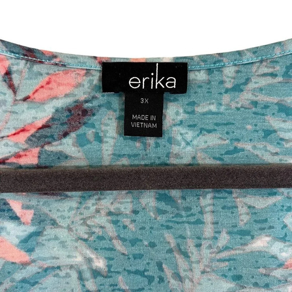 Erika Tropical Plus Size 3X Blouse Keyhole Studded Embellished Blue Pink Leaves - Picture 7 of 7